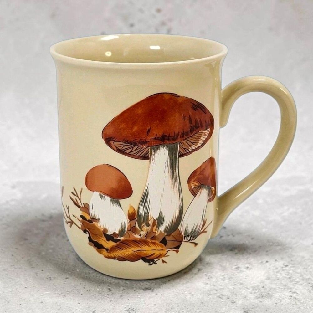 Vintage 1970s Mushroom Mug Double Sided Retro Cream Ceramic Coffee Cup Cottage